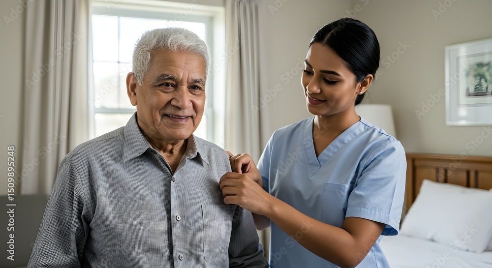 Obraz premium Compassionate Caregiver Assisting Elderly Man in Home Setting Providing Support and Comfort