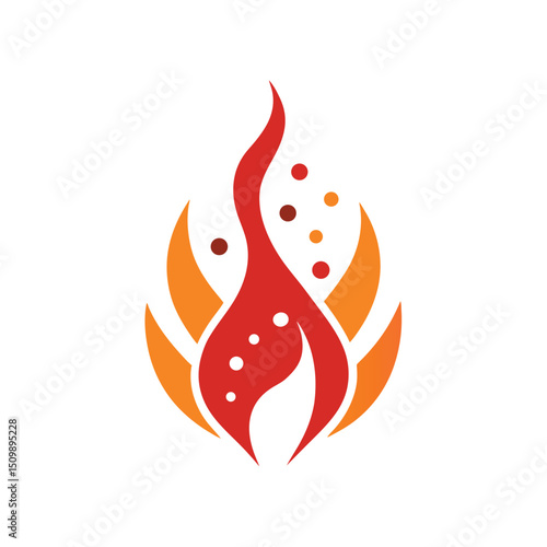 Stylized illustration of a flame symbol with red orange and yellow colors and orbs
