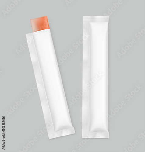 Blank stick package bag mockups for jelly collagen. Front view. Vector illustration isolated on grey background. Can be use for template your design, presentation, promo, ad. EPS10.