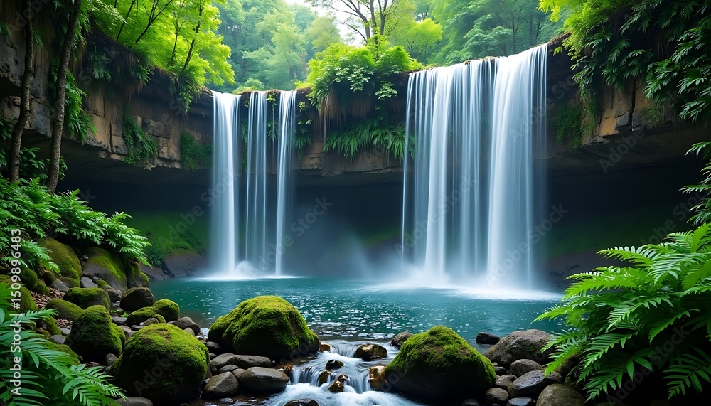 Naklejka premium Natural Waterfall in Lush Green Forest Surrounded by Mossy Rocks and Vegetation