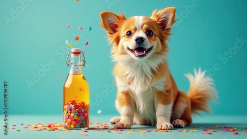 A cheerful longhaired canine companion sits amidst colorful sprinkles near a glass bottle filled with vibrant confetti, celebrating a joyous occasion.
