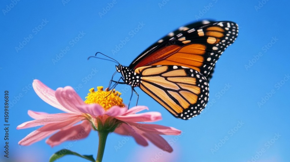 Fototapeta premium A monarch butterfly gracefully perched on a blooming pink flower, collecting nectar under a clear blue sky.