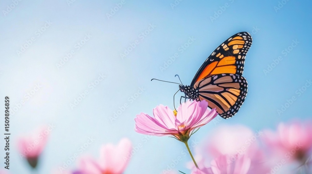 Fototapeta premium A monarch butterfly gracefully perched on a blooming pink flower, collecting nectar under a clear blue sky.