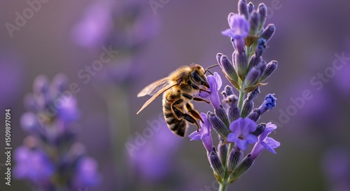 Fototapeta Naklejka Na Ścianę i Meble -  A bee sits on lavender flowers in close-up, natural background with space for text	