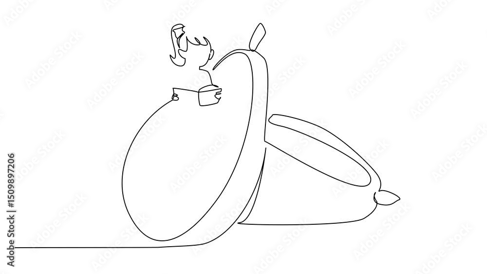 Animated self drawing of continuous one line drawing girl reading on a cored avocado. Read carefully before processing avocados. Girl Reading Book at Vegetables and Fruits. Full length animation