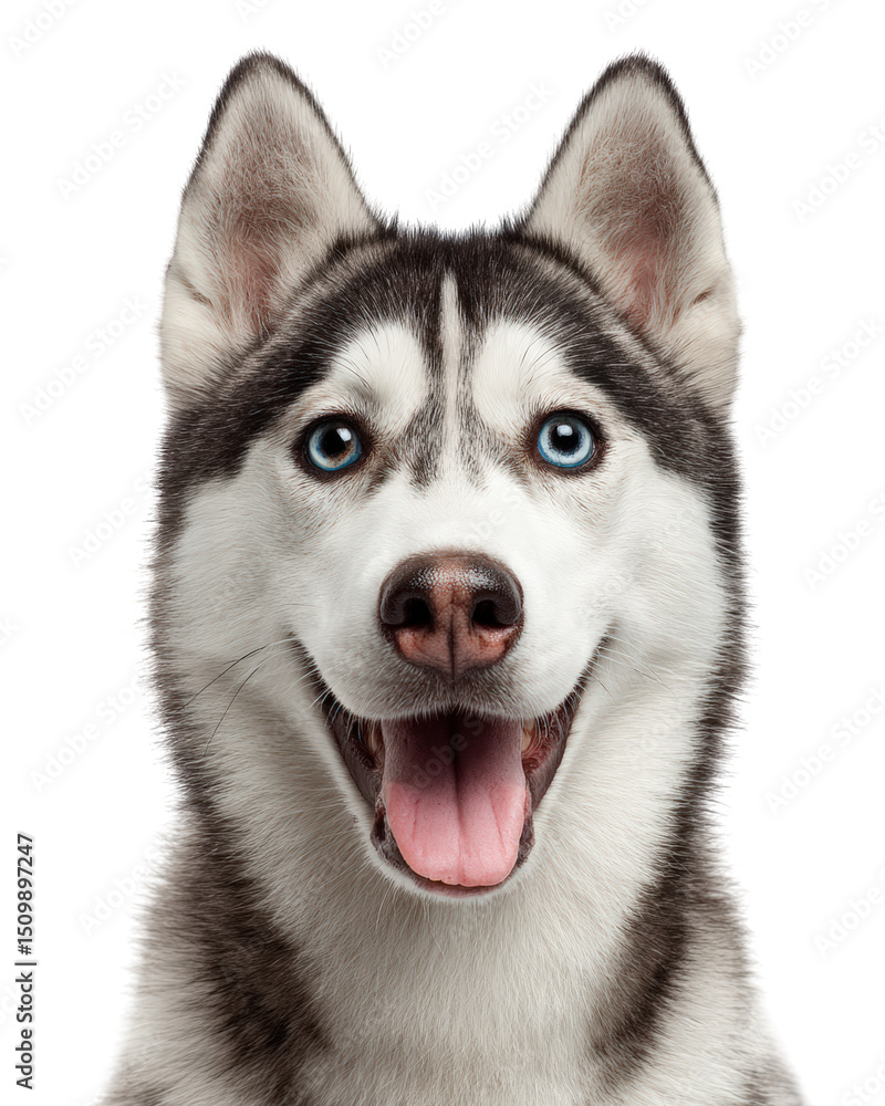 Photorealistic half body portrait of Siberian Husky with striking blue eyes and joyful expression. dog has thick, fluffy coat with mix of black and white fur, showcasing its friendly demeanor Photorealistic half body portrait of Siberian Husky with striking blue eyes and joyful expression. dog has thick, fluffy coat with mix of black and white fur, showcasing its friendly demeanor