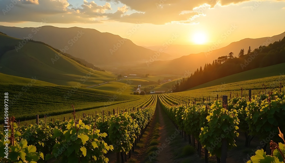 Naklejka premium Vineyard Landscape at Sunset with Rolling Hills and Green Grapevines