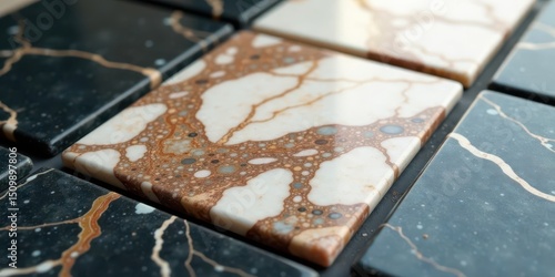 Intricate Marble Tile Patterns A Close-Up View of Luxurious Stone Surfaces with Unique Veining and Color Variations