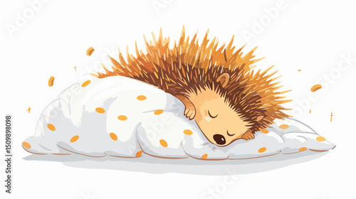 Adorable Hedgehog Snuggling in Cozy Bed, Hand-Drawn Vector Illustration, Perfect for Children's     