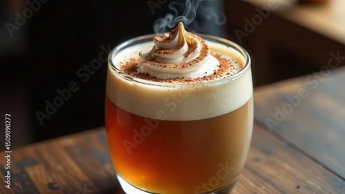 Warm beverage with creamy topping and spice dusting in a glass on wooden surface
