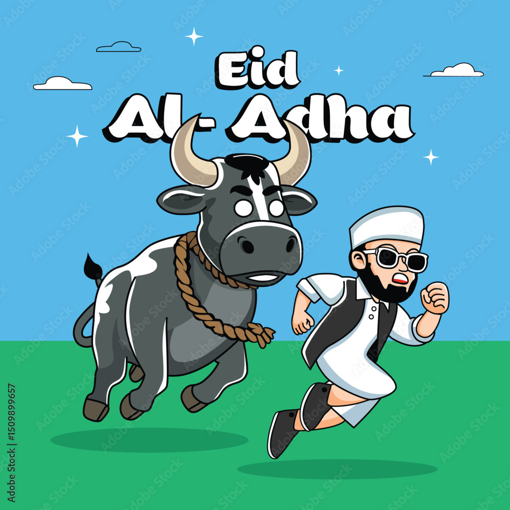 Naklejka premium Trendy Muslim Boy chased By Cow in Eid Al Adha Mubarak