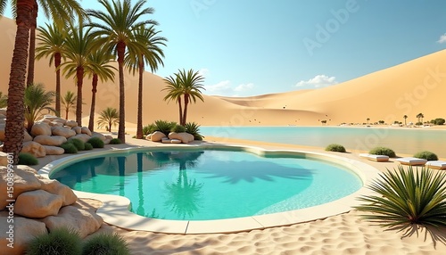 Relaxing Pool with Palm Trees and Desert Dunes Under Clear Blue Sky