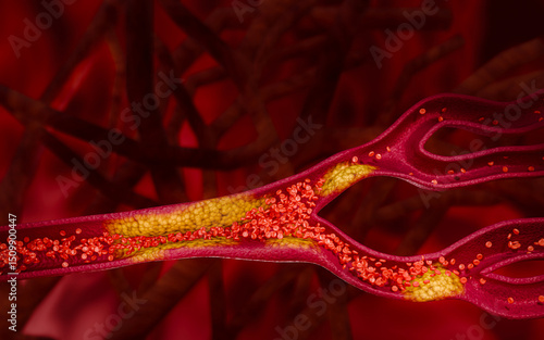 Foto Artery clogged by unhealthy junk food, sugary drinks, and alcohol, illustrating serious cardiovascular risks, atherosclerosis, and heart disease problems in human blood vessels
