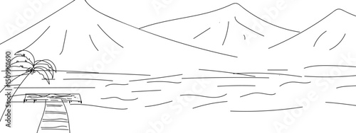 One continuous line drawing of mountain ridge landscape. Web banner with high mounts and peaks in simple linear style. Adventure winter sports ski and hiking concept. Doodle vector illustration