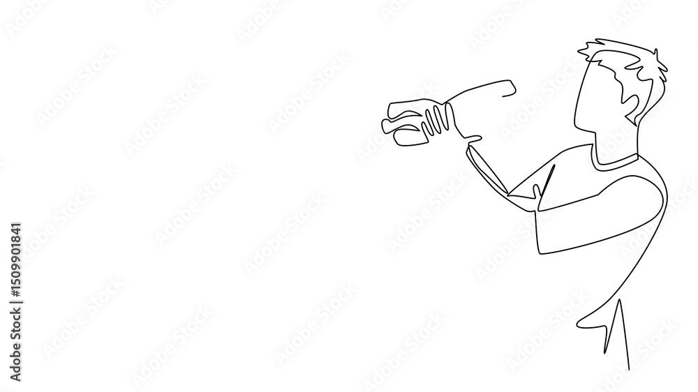 Animation of continuous one line drawing a man eating a large burger. Very fond of eating fast food in large portions. Being full is a priority. National No Diet Day. Full length motion