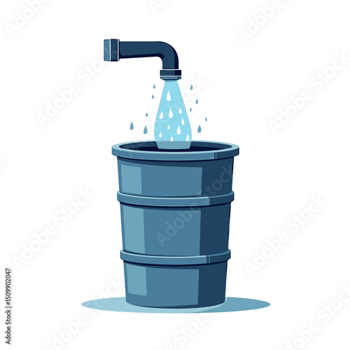 Water Conservation Illustration: Dripping Faucet Filling a Blue Barrel, Promoting Water Saving and Sustainability