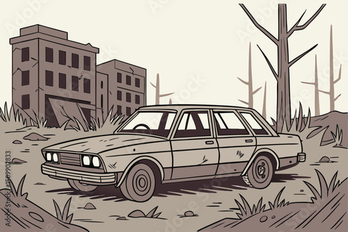Abandoned rusted car in a post-apocalyptic wasteland, eerie atmosphere

