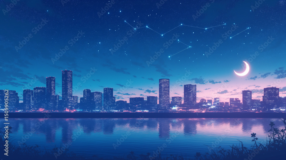 Fototapeta premium 幻想的な都市の夜景と月明かりに照らされた空に輝く星々が美しい、静けさとロマンチックな雰囲気が漂うデジタル風景イラスト/ネオン/星空/高層ビル/近未来都市