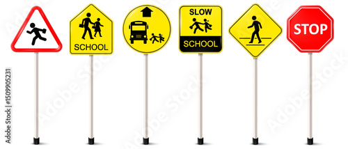 Set of school signs zone vector. Pedestrian. Road and Traffic signs. Caution and warning symbol.