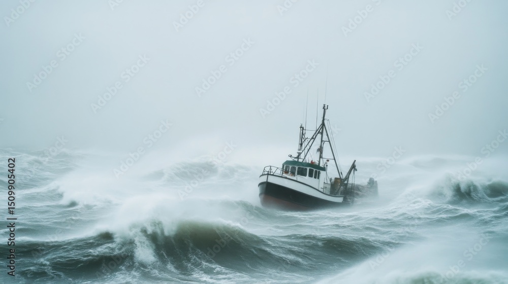 Naklejka premium A small fishing boat struggling against powerful ocean waves during a violent storm.