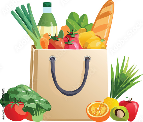Grocery Bag with Fresh Fruits and Vegetables – Healthy Market Vector Illustration