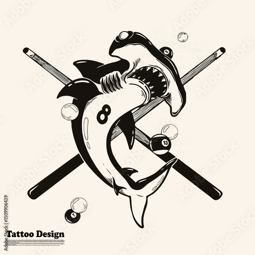 shark fish tattoo design with sticks and ball billiard