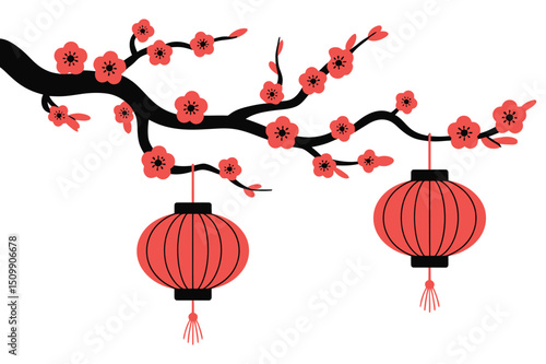 Red Chinese lanterns hanging on blossoming cherry tree branches with floral spring decorations vector illustration