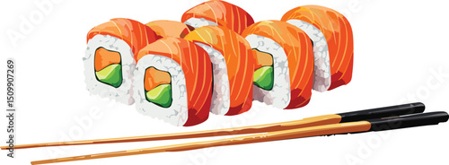 Isolated Sushi Rolls with Chopsticks – Japanese Cuisine Vector Illustration