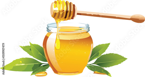 Jar of Honey with Honey Dipper Dripping – Natural Sweetener Close-Up