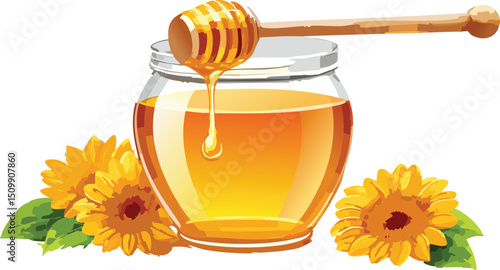 Jar of Honey with Honey Dipper Dripping – Natural Sweetener Close-Up