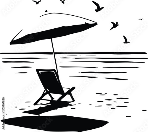 Tropical Beach Relaxation & Coastal Leisure Symbol Set Featuring a Lounge Chair Under an Umbrella, Set Against a Serene Ocean with Birds Soaring Above, Representing Tranquility, Getaways, and Seaside 
