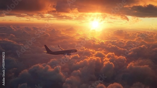 Fototapeta Naklejka Na Ścianę i Meble -  A stunning aerial view of a plane flying past a dramatic sunset over the clouds.