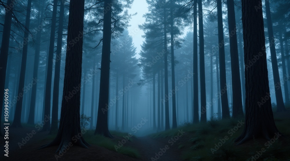 Obraz premium Enigmatic Twilight High-Definition Photo of a Foggy Pine Forest