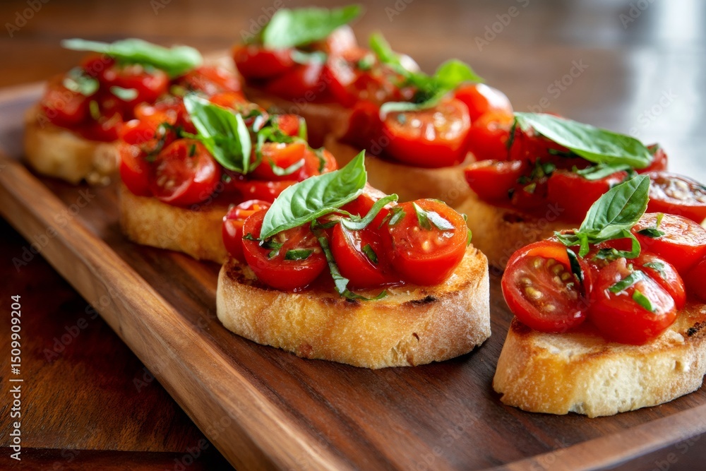 Delicious bruschetta with tomatoes and basil resting on wooden tray Delicious bruschetta with tomatoes and basil resting on wooden tray