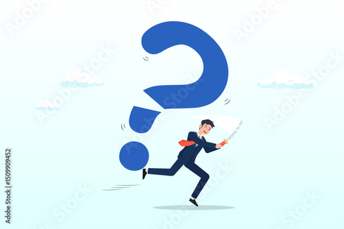Confidence businessman cut question mark sign with his sword unveil exclamation mark as answer, solving problem, answer question or overcome difficulty, solution to eliminate trouble, unknown concept