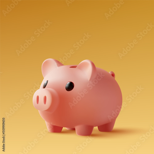 Pink piggy bank on yellow background