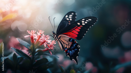 A butterfly emerging from a flower as a sudden gust of wind lifts its delicate wings