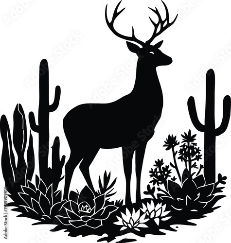 Wildlife & Desert Habitat Symbol Set Featuring a Majestic Deer with Large Antlers Standing Among Various Succulents and Cacti, Representing Adaptation, Natural Beauty, and Ecosystem Harmony