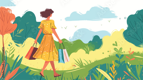 Happy Housewife Strolling Through Lush Green Landscape with Shopping Bags air sun day path calm home