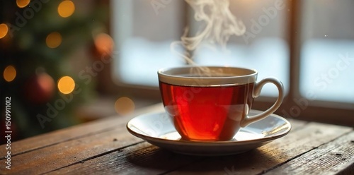 Close-up of a steaming cup of tea on a wooden table, creating a warm and comforting atmosphere Perfect for relaxation and self-care themes Cozy winter vibes , warmth, cinnamon, mug