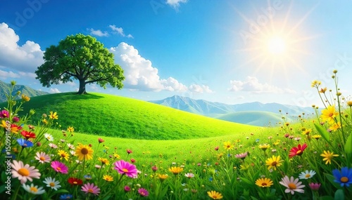 A vibrant summer scene featuring a lush green hill, wildflowers blooming, and sunlight illuminating the landscape Perfect for themes of nature, warmth, and seasonal beauty , landscape, idyllic