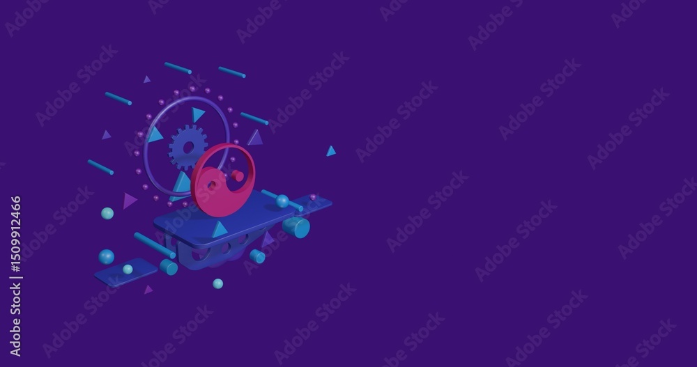 Naklejka premium Pink yin yang symbol on a pedestal of abstract geometric shapes floating in the air. Abstract concept art with flying shapes on the left. 3d illustration on deep purple background