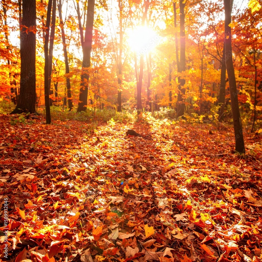 Sunlit autumn forest with vibrant foliage and fallen leaves at golden hour Sunlit autumn forest with vibrant foliage and fallen leaves at golden hour