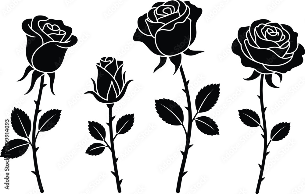 Black rose silhouette set illustrations isolated against a white background for design projects Black rose silhouette set illustrations isolated against a white background for design projects