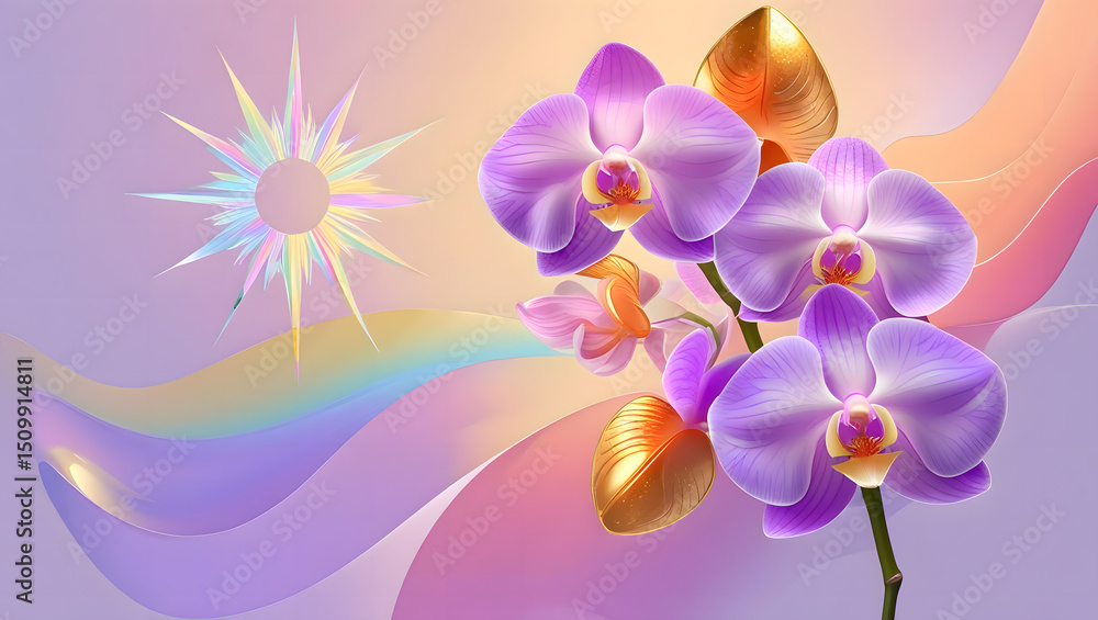 Obraz premium Purple pink rose orchid gold orange yellow peach abstract background. Color gradient ombre. Light soft pastel. Ethereal iridescent sun colorful fun.Spring, summer, Easter, March 8, Mother's Day.Design