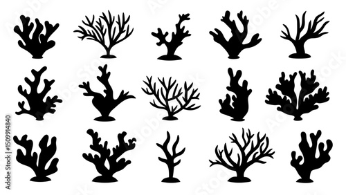 Seaweed silhouettes, coral black icon. Abstract organic shape, underwater plant, matisse element, cute sea doodle.