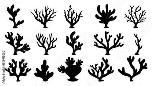 Seaweed silhouettes, coral black icon. Abstract organic shape, underwater plant, matisse element, cute sea doodle.