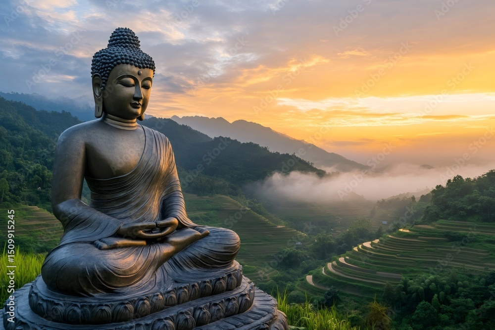 Fototapeta premium Buddha statue meditating with scenic sunset over mountain valley
