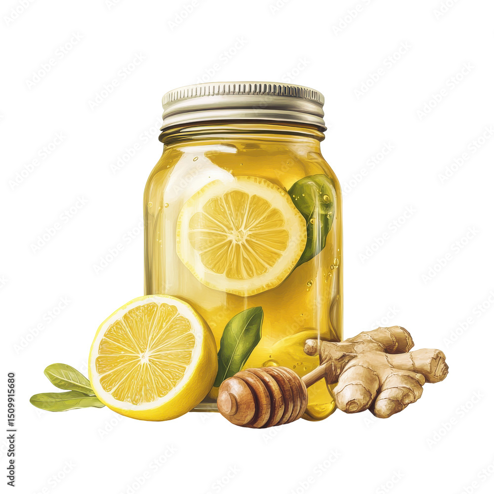Refreshing Lemon Ginger Honey Drink in a Jar with Fresh Ingredients for a Natural Boost on transparent background Refreshing Lemon Ginger Honey Drink in a Jar with Fresh Ingredients for a Natural Boost on transparent background