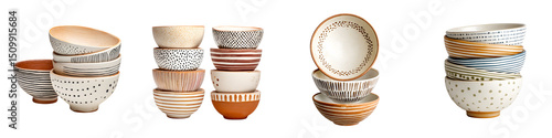Charming ceramic bowls stack with unique designs in earthy tones, functional kitchenware for serving or display, enhancing modern aesthetics and culinary experiences